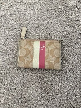 Coach Tan Signature Canvas Card Pouch with Pink and Cream Stripe